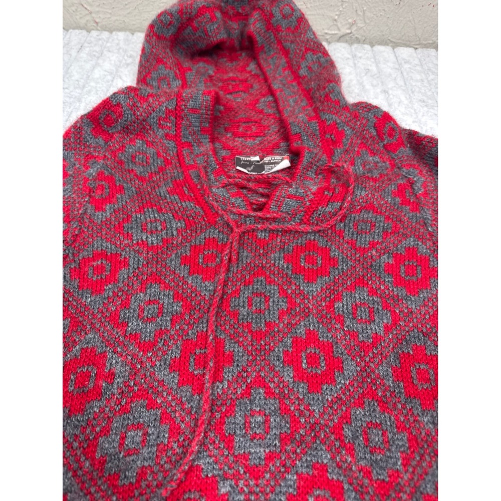 Jean Paul Peru 100% Alpaca Wool Hooded Sweater Red‎ Grey Geometric Vintage S/M